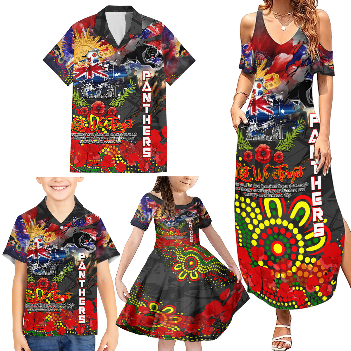 Personalised Australia Rugby Panthers ANZAC Family Matching Summer Maxi Dress and Hawaiian Shirt Penrith Scratch Style