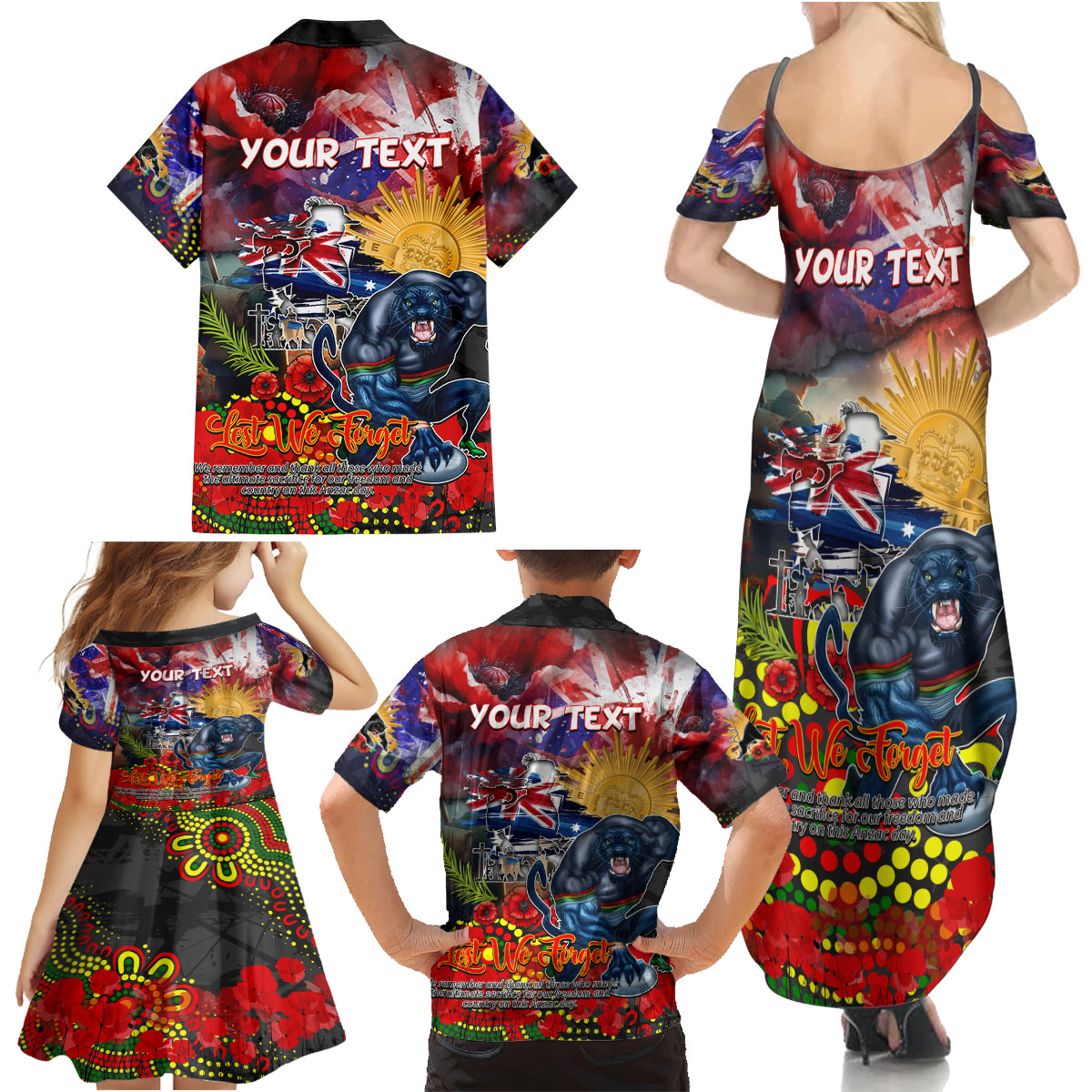Personalised Australia Rugby Panthers ANZAC Family Matching Summer Maxi Dress and Hawaiian Shirt Penrith Scratch Style