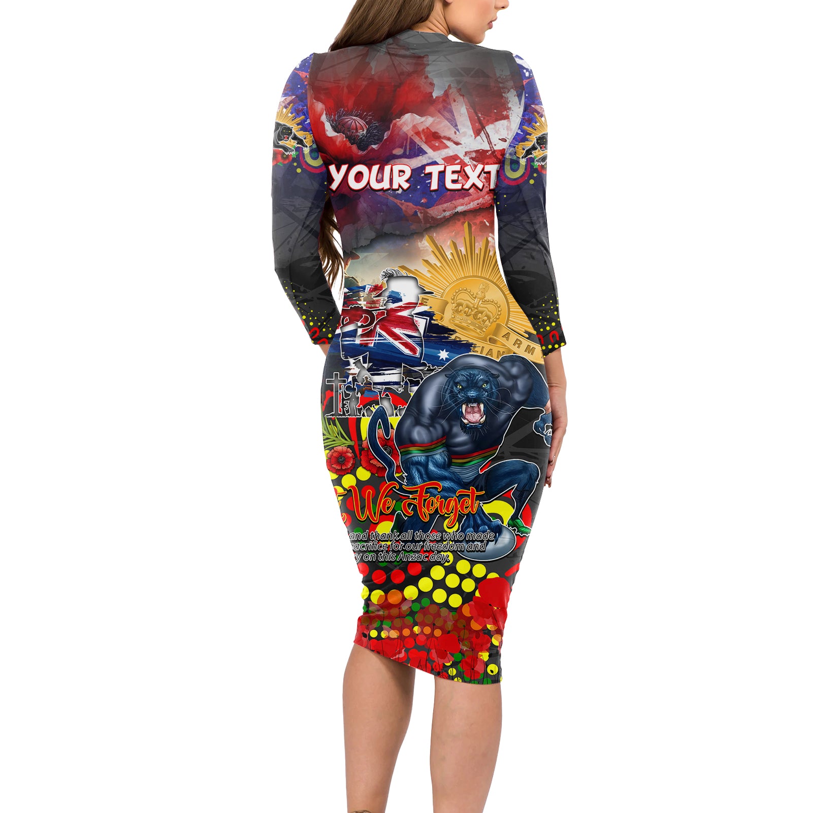 Personalised Australia Rugby Panthers ANZAC Long Sleeve Bodycon Dress Penrith Scratch Style