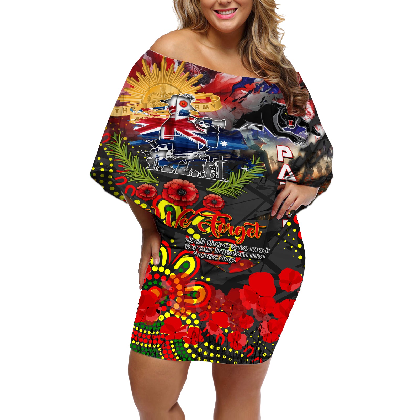 Personalised Australia Rugby Panthers ANZAC Off Shoulder Short Dress Penrith Scratch Style