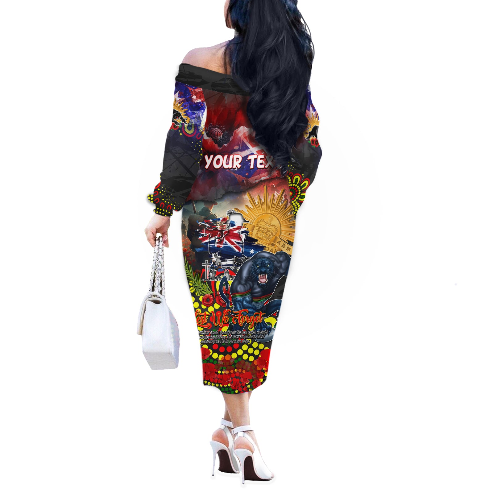 Personalised Australia Rugby Panthers ANZAC Off The Shoulder Long Sleeve Dress Penrith Scratch Style