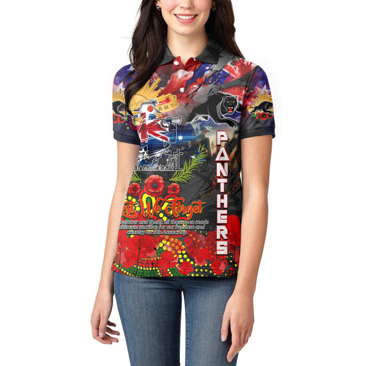 Personalised Australia Rugby Panthers ANZAC Women Polo Shirt Penrith Scratch Style - Vibe Hoodie Shop