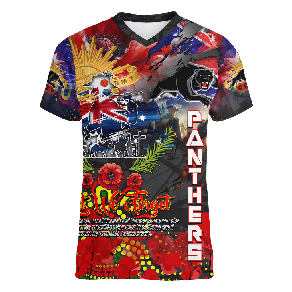 Personalised Australia Rugby Panthers ANZAC Women V Neck T Shirt Penrith Scratch Style - Vibe Hoodie Shop