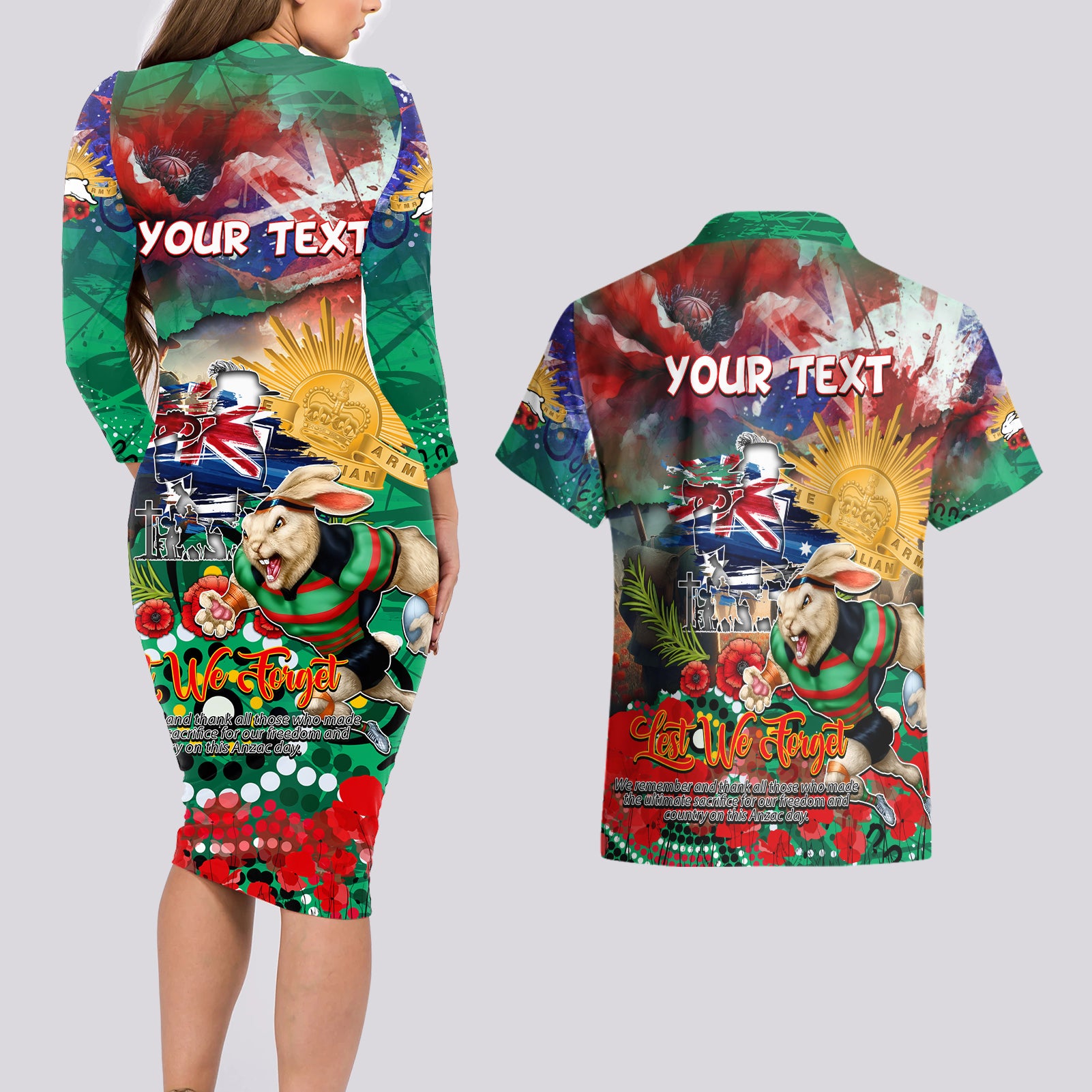 Personalised Australia Rugby Rabbitohs ANZAC Couples Matching Long Sleeve Bodycon Dress and Hawaiian Shirt South Sydney Scratch Style