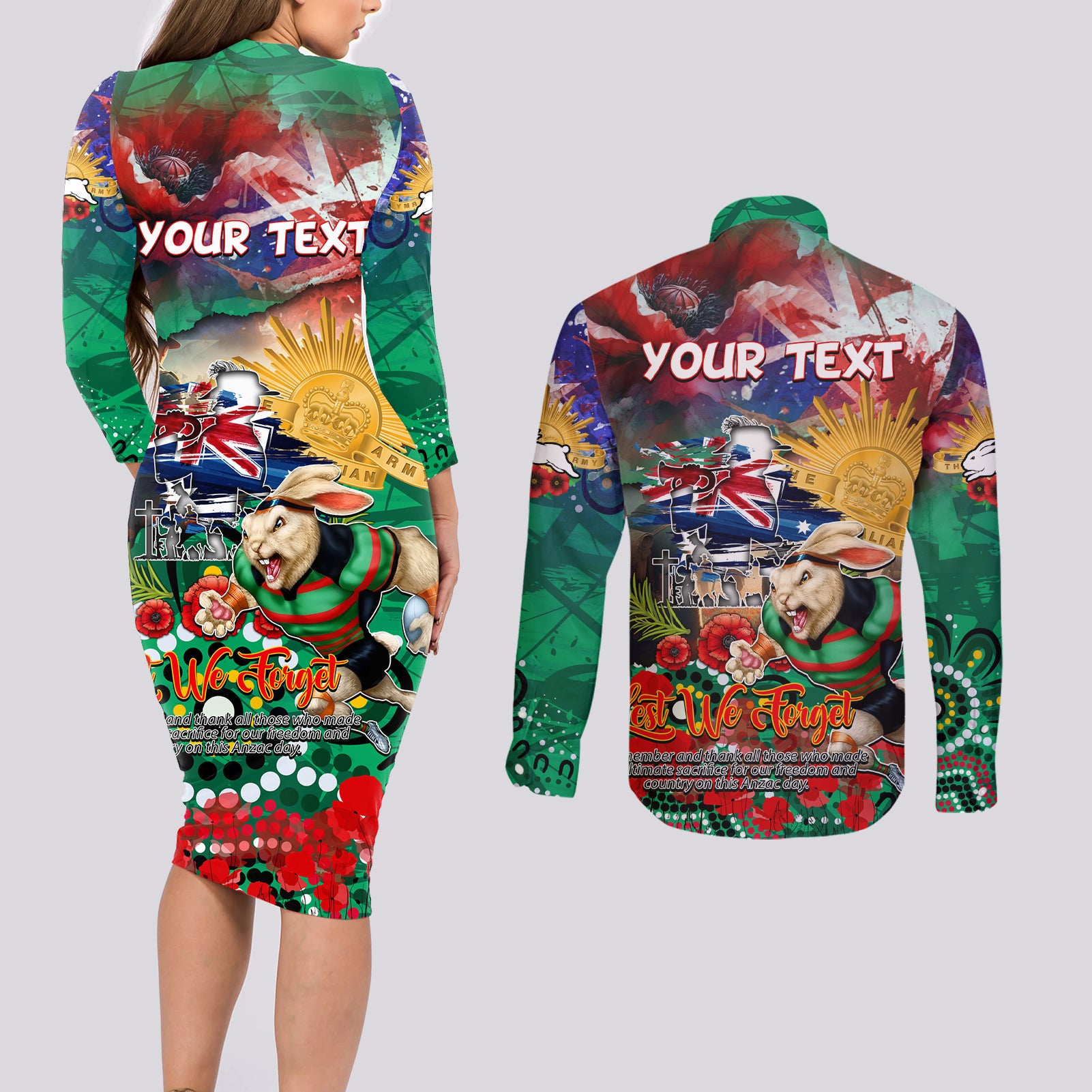 Personalised Australia Rugby Rabbitohs ANZAC Couples Matching Long Sleeve Bodycon Dress and Long Sleeve Button Shirt South Sydney Scratch Style