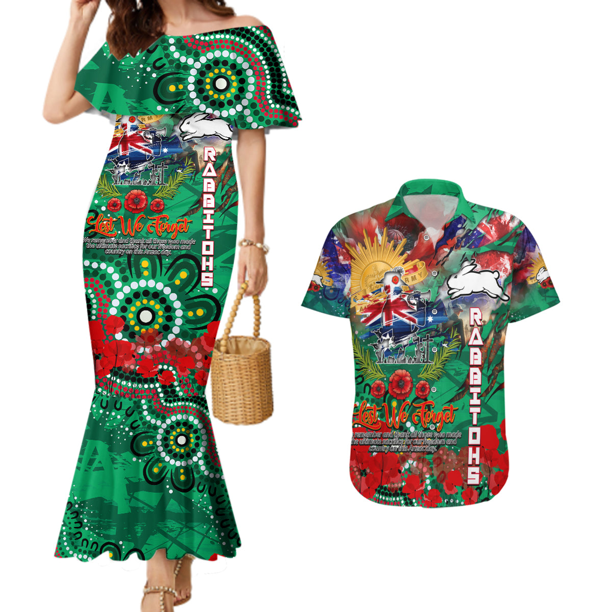 Personalised Australia Rugby Rabbitohs ANZAC Couples Matching Mermaid Dress and Hawaiian Shirt South Sydney Scratch Style