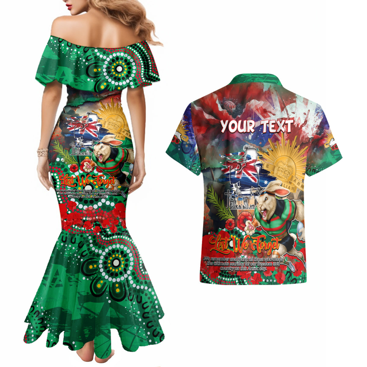 Personalised Australia Rugby Rabbitohs ANZAC Couples Matching Mermaid Dress and Hawaiian Shirt South Sydney Scratch Style