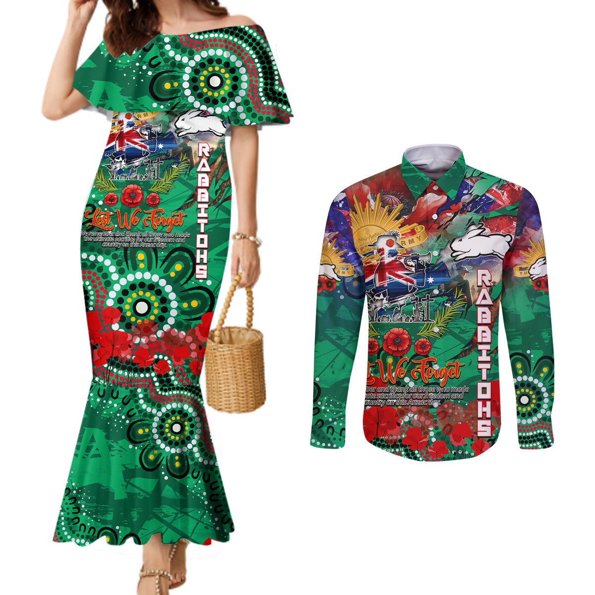 Personalised Australia Rugby Rabbitohs ANZAC Couples Matching Mermaid Dress and Long Sleeve Button Shirt South Sydney Scratch Style