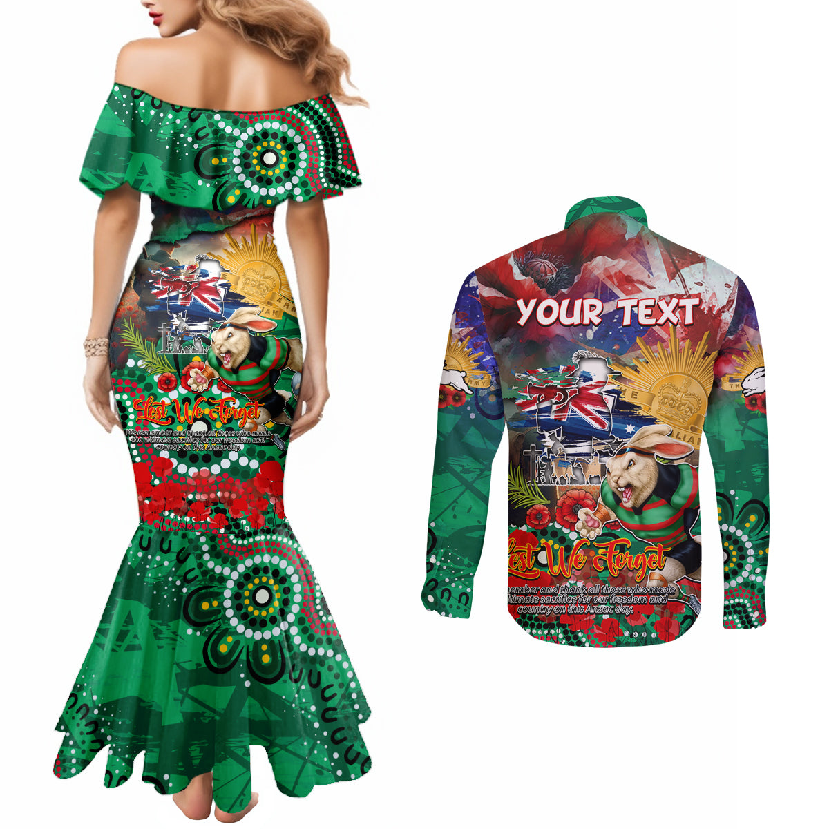 Personalised Australia Rugby Rabbitohs ANZAC Couples Matching Mermaid Dress and Long Sleeve Button Shirt South Sydney Scratch Style