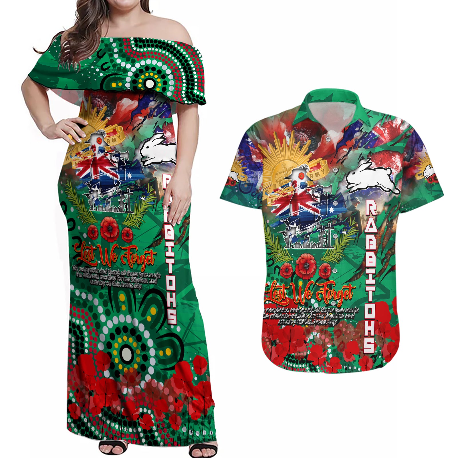 Personalised Australia Rugby Rabbitohs ANZAC Couples Matching Off Shoulder Maxi Dress and Hawaiian Shirt South Sydney Scratch Style