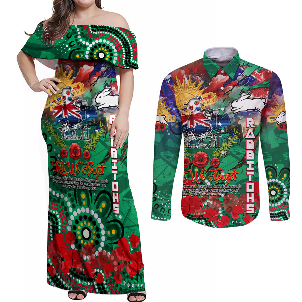 Personalised Australia Rugby Rabbitohs ANZAC Couples Matching Off Shoulder Maxi Dress and Long Sleeve Button Shirt South Sydney Scratch Style