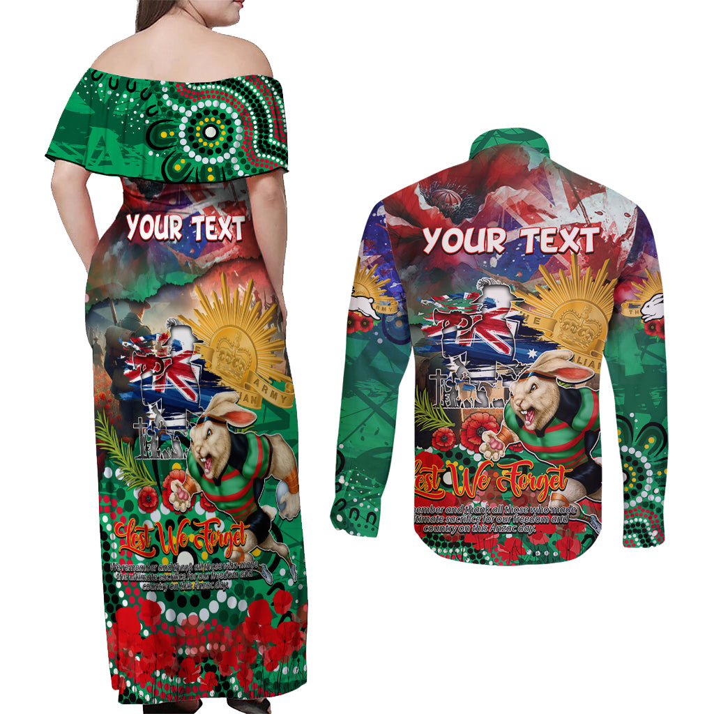 Personalised Australia Rugby Rabbitohs ANZAC Couples Matching Off Shoulder Maxi Dress and Long Sleeve Button Shirt South Sydney Scratch Style