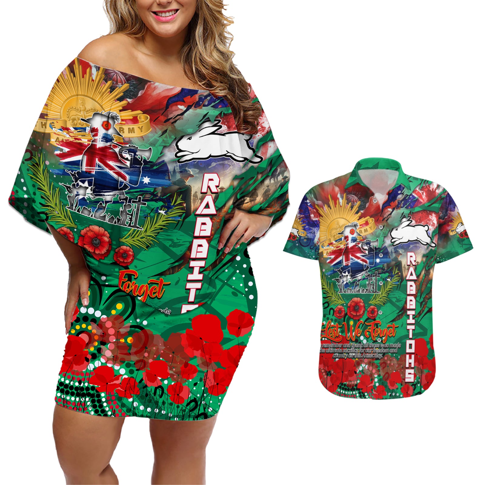 Personalised Australia Rugby Rabbitohs ANZAC Couples Matching Off Shoulder Short Dress and Hawaiian Shirt South Sydney Scratch Style
