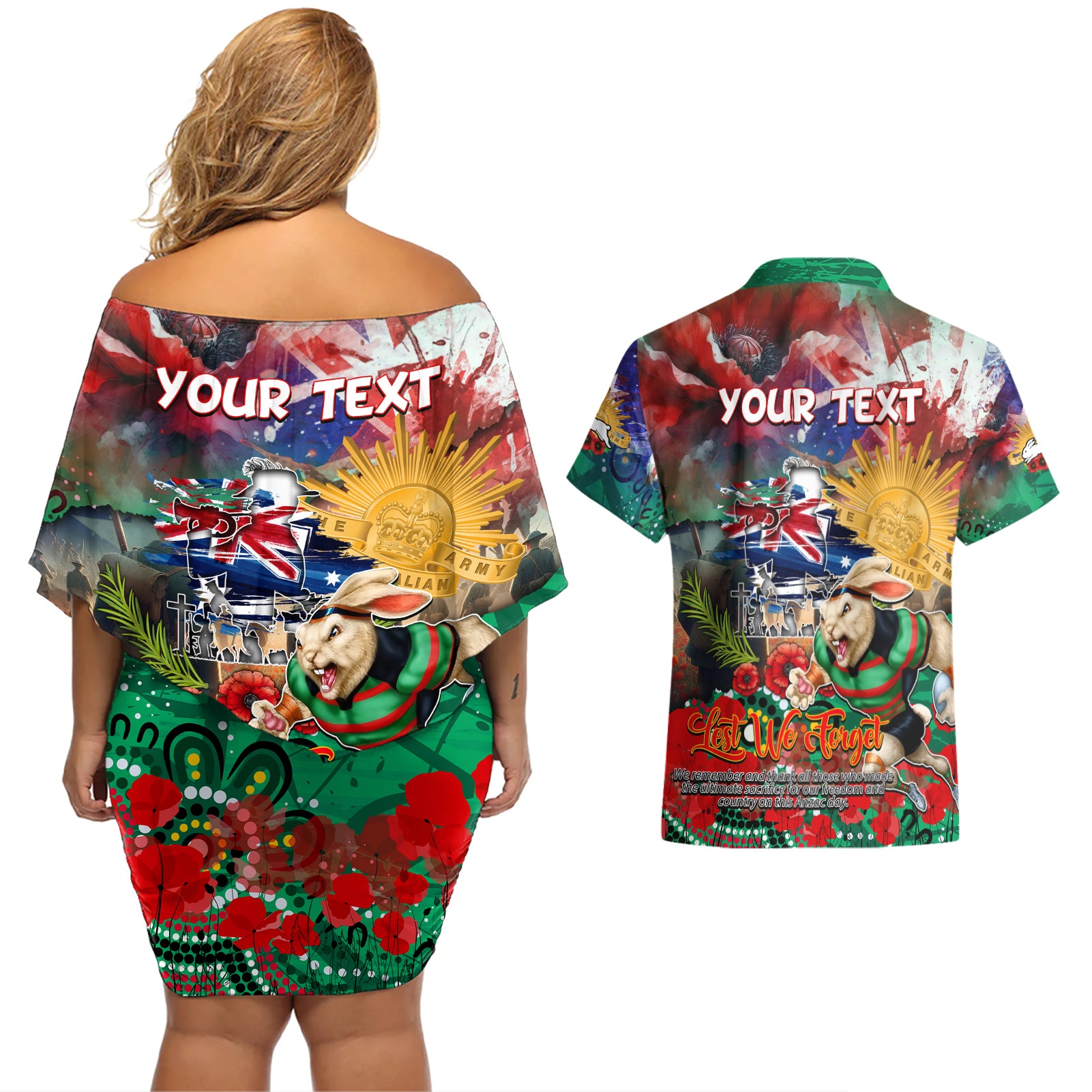 Personalised Australia Rugby Rabbitohs ANZAC Couples Matching Off Shoulder Short Dress and Hawaiian Shirt South Sydney Scratch Style