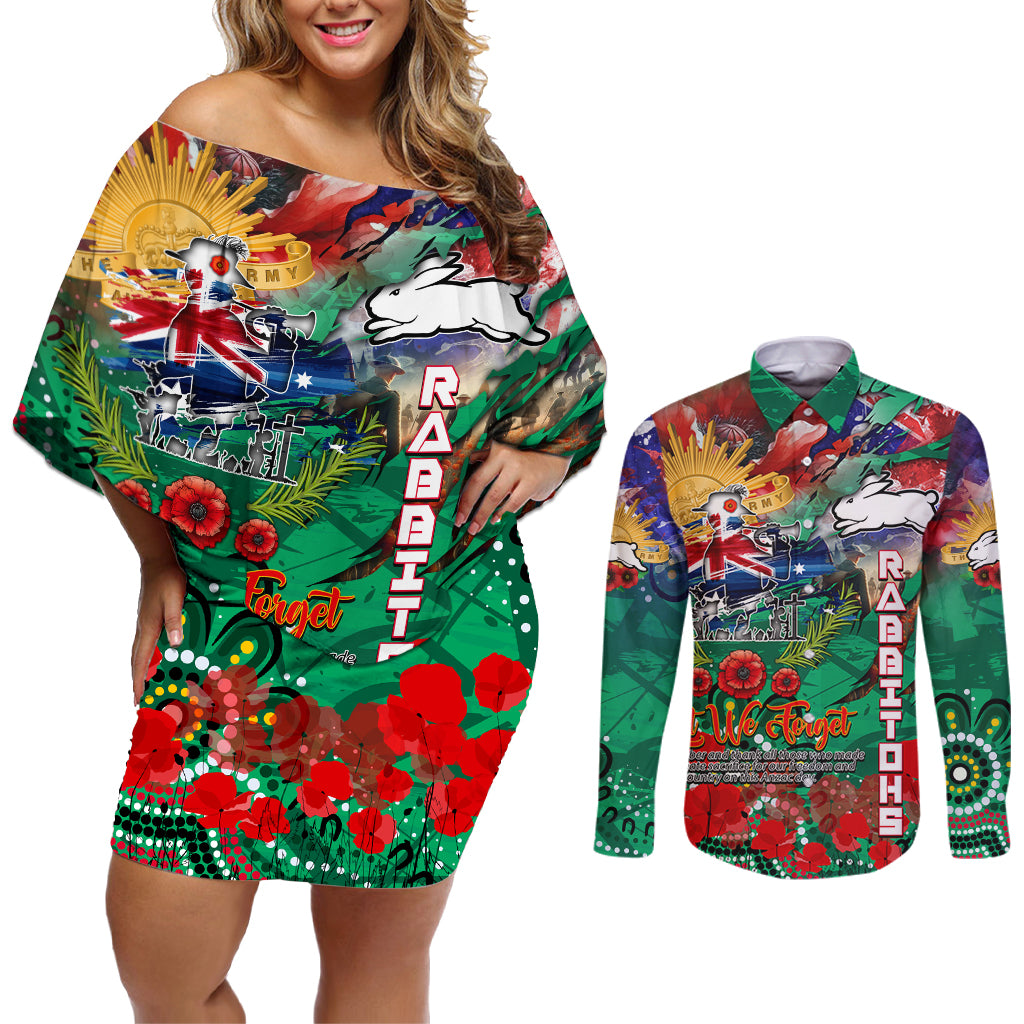 Personalised Australia Rugby Rabbitohs ANZAC Couples Matching Off Shoulder Short Dress and Long Sleeve Button Shirt South Sydney Scratch Style