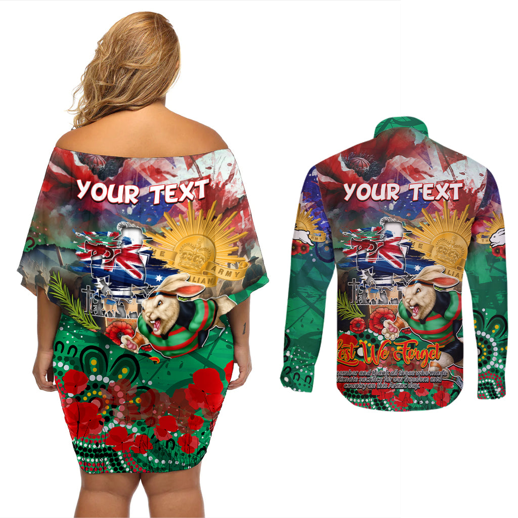 Personalised Australia Rugby Rabbitohs ANZAC Couples Matching Off Shoulder Short Dress and Long Sleeve Button Shirt South Sydney Scratch Style