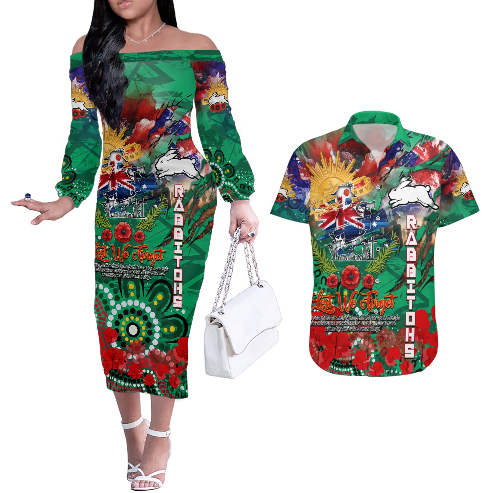 Personalised Australia Rugby Rabbitohs ANZAC Couples Matching Off The Shoulder Long Sleeve Dress and Hawaiian Shirt South Sydney Scratch Style