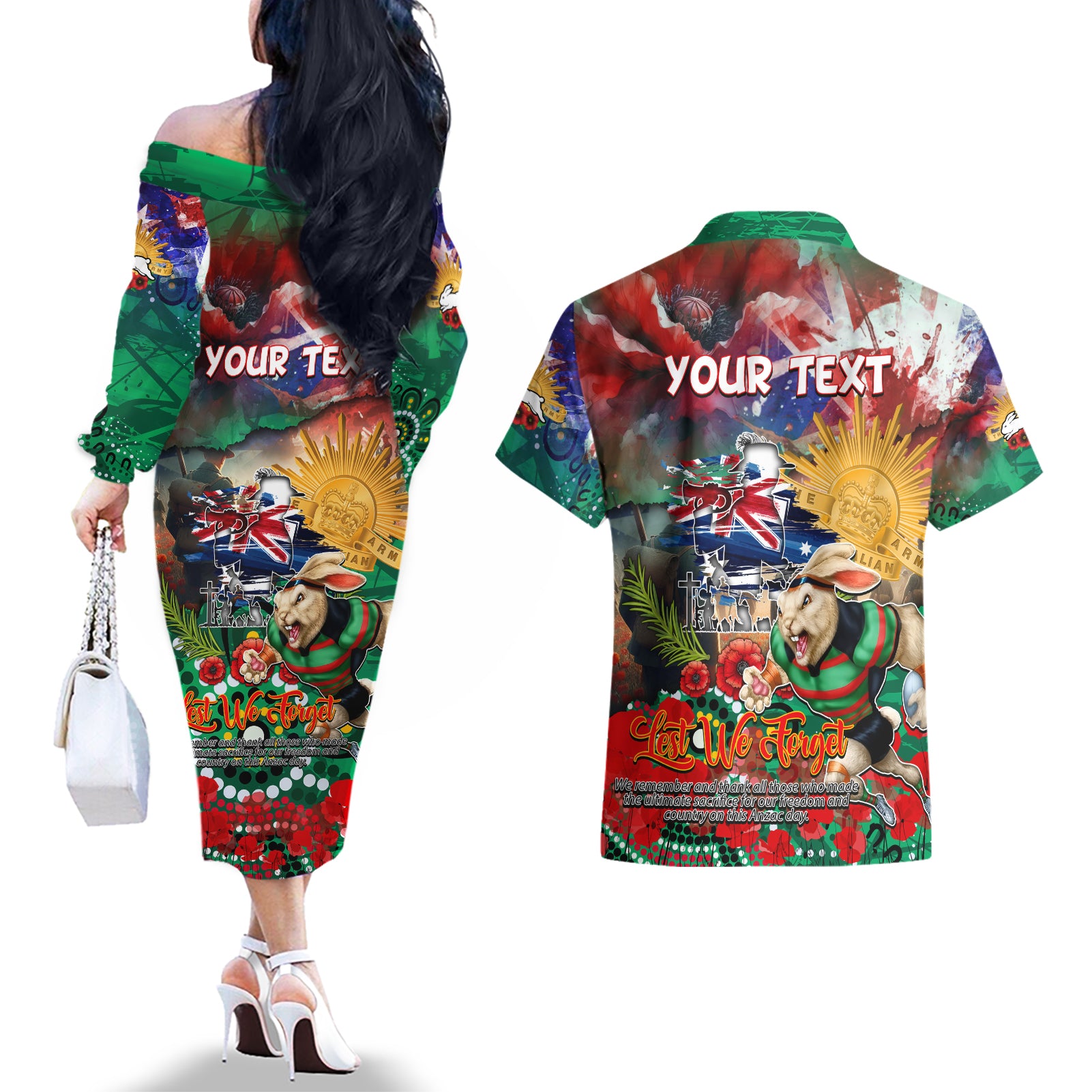 Personalised Australia Rugby Rabbitohs ANZAC Couples Matching Off The Shoulder Long Sleeve Dress and Hawaiian Shirt South Sydney Scratch Style