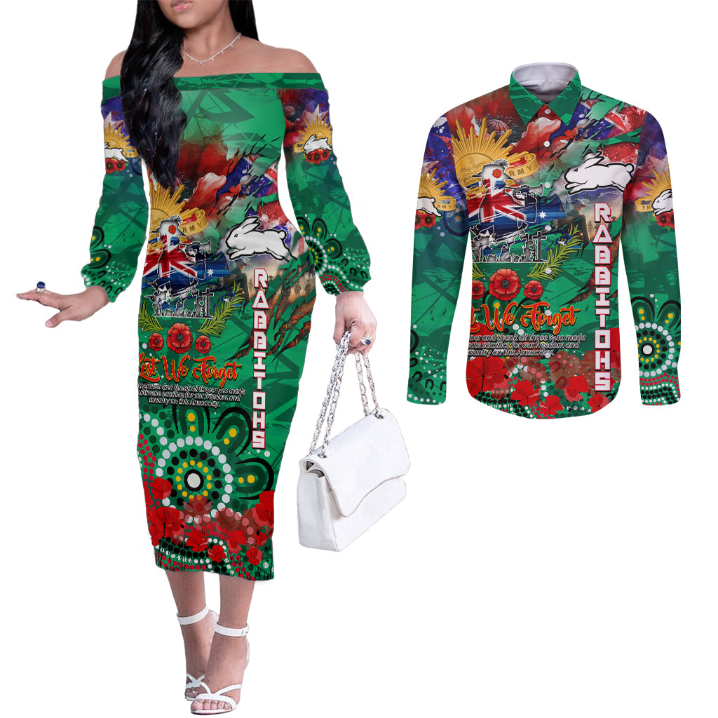 Personalised Australia Rugby Rabbitohs ANZAC Couples Matching Off The Shoulder Long Sleeve Dress and Long Sleeve Button Shirt South Sydney Scratch Style