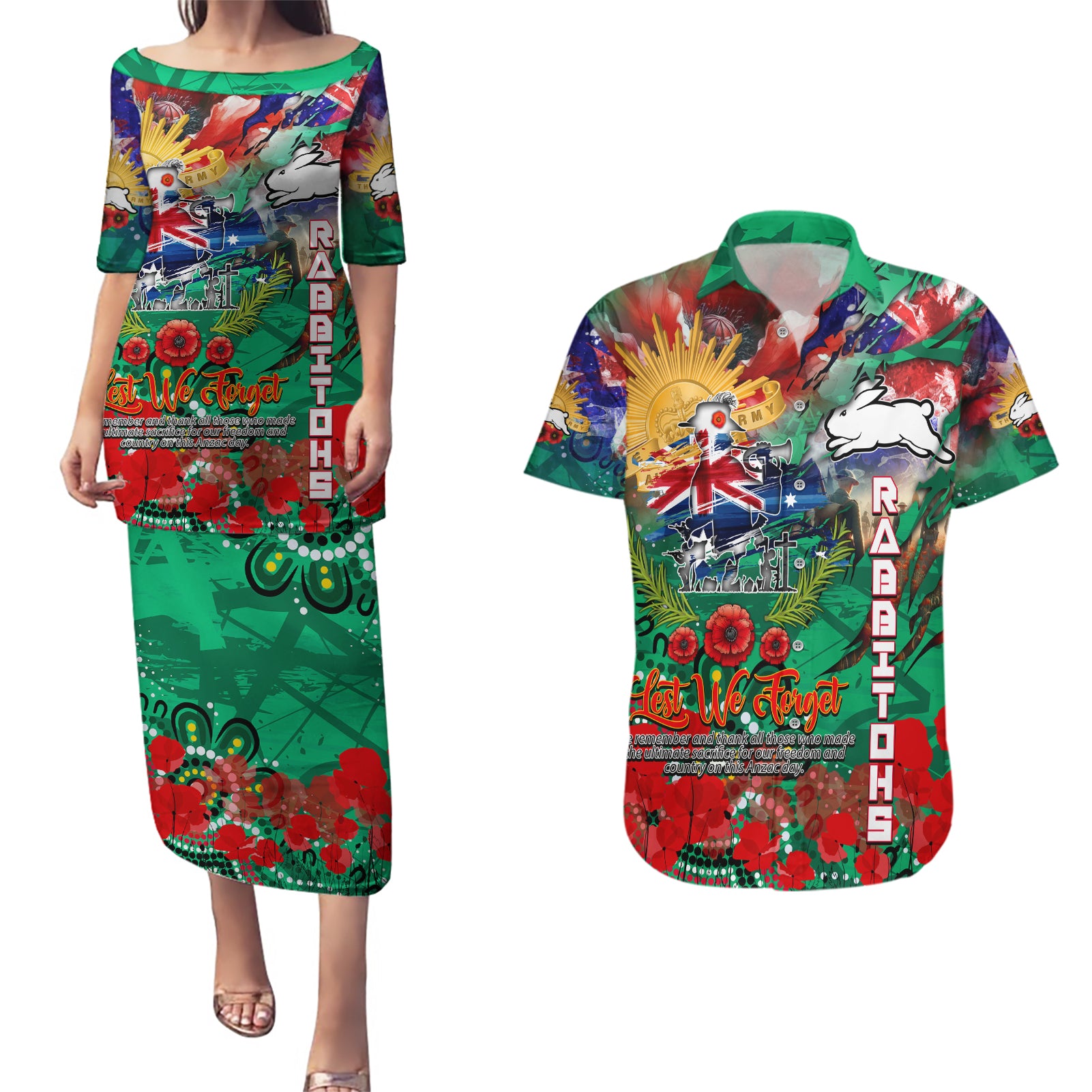 Personalised Australia Rugby Rabbitohs ANZAC Couples Matching Puletasi and Hawaiian Shirt South Sydney Scratch Style