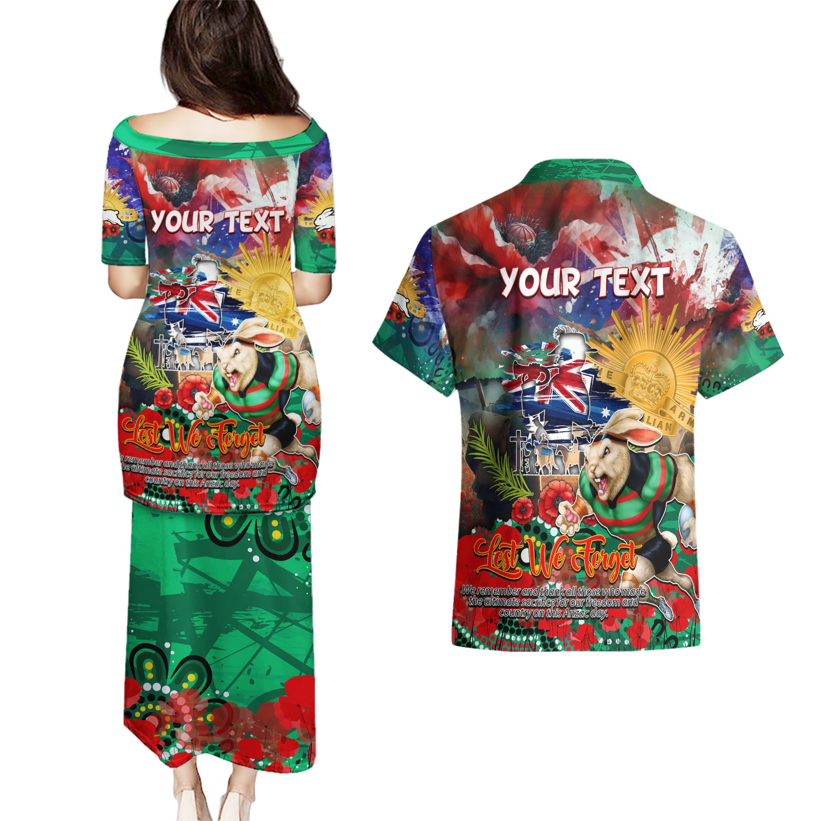 Personalised Australia Rugby Rabbitohs ANZAC Couples Matching Puletasi and Hawaiian Shirt South Sydney Scratch Style