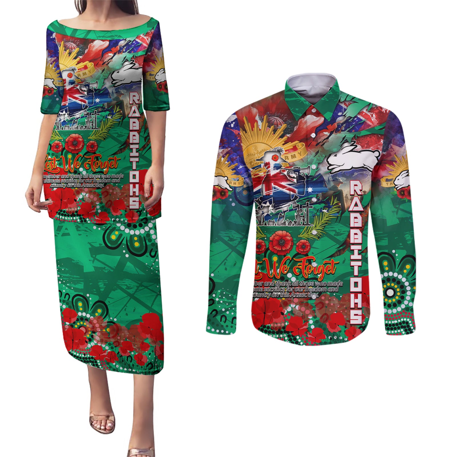 Personalised Australia Rugby Rabbitohs ANZAC Couples Matching Puletasi and Long Sleeve Button Shirt South Sydney Scratch Style