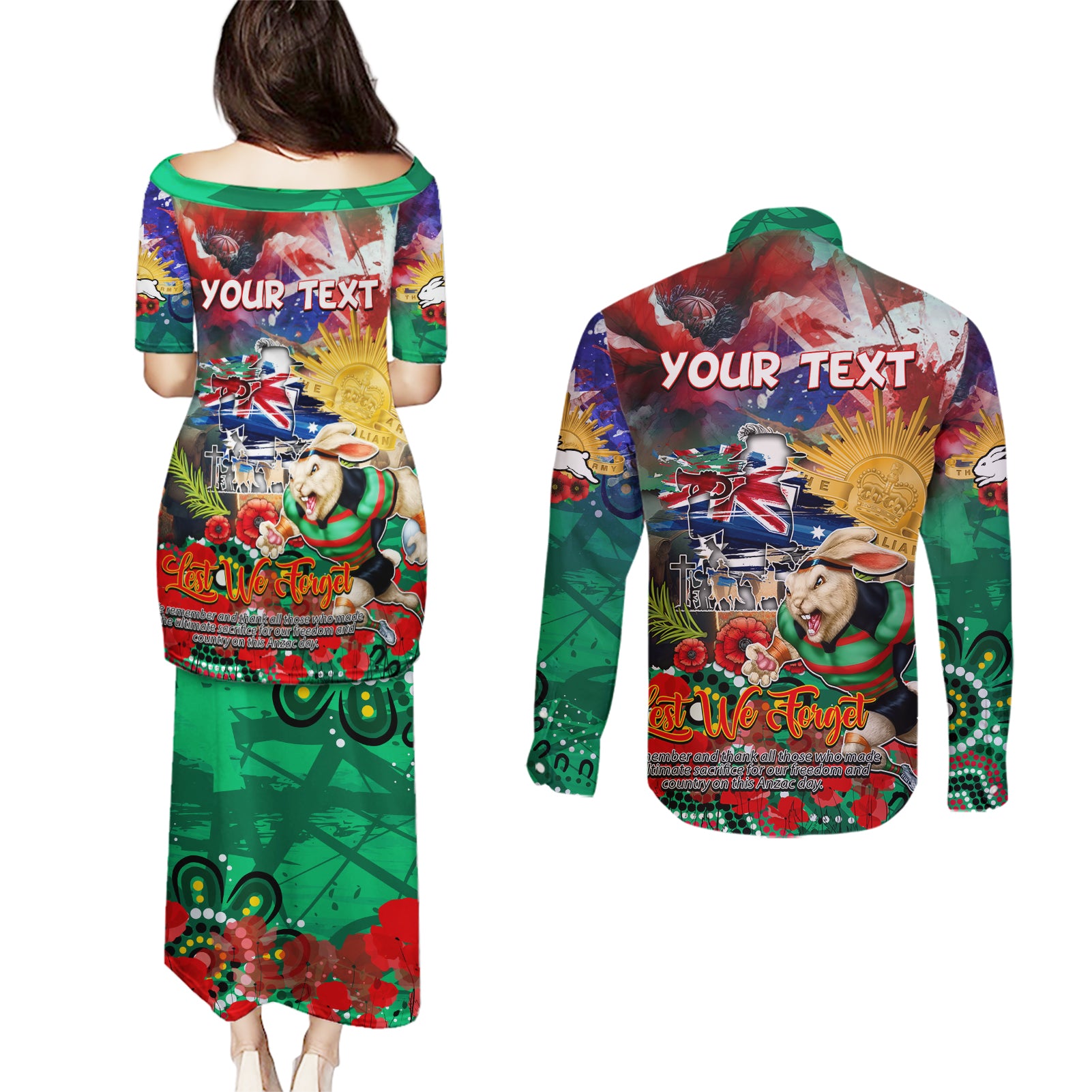 Personalised Australia Rugby Rabbitohs ANZAC Couples Matching Puletasi and Long Sleeve Button Shirt South Sydney Scratch Style