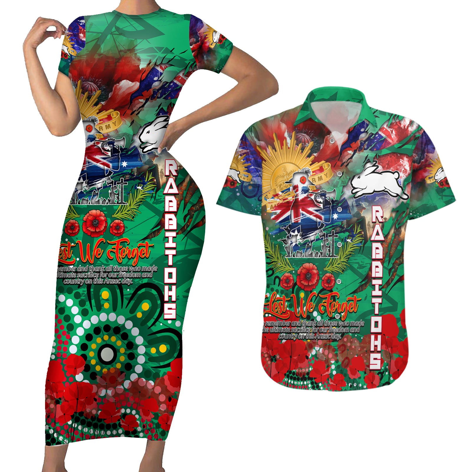 Personalised Australia Rugby Rabbitohs ANZAC Couples Matching Short Sleeve Bodycon Dress and Hawaiian Shirt South Sydney Scratch Style
