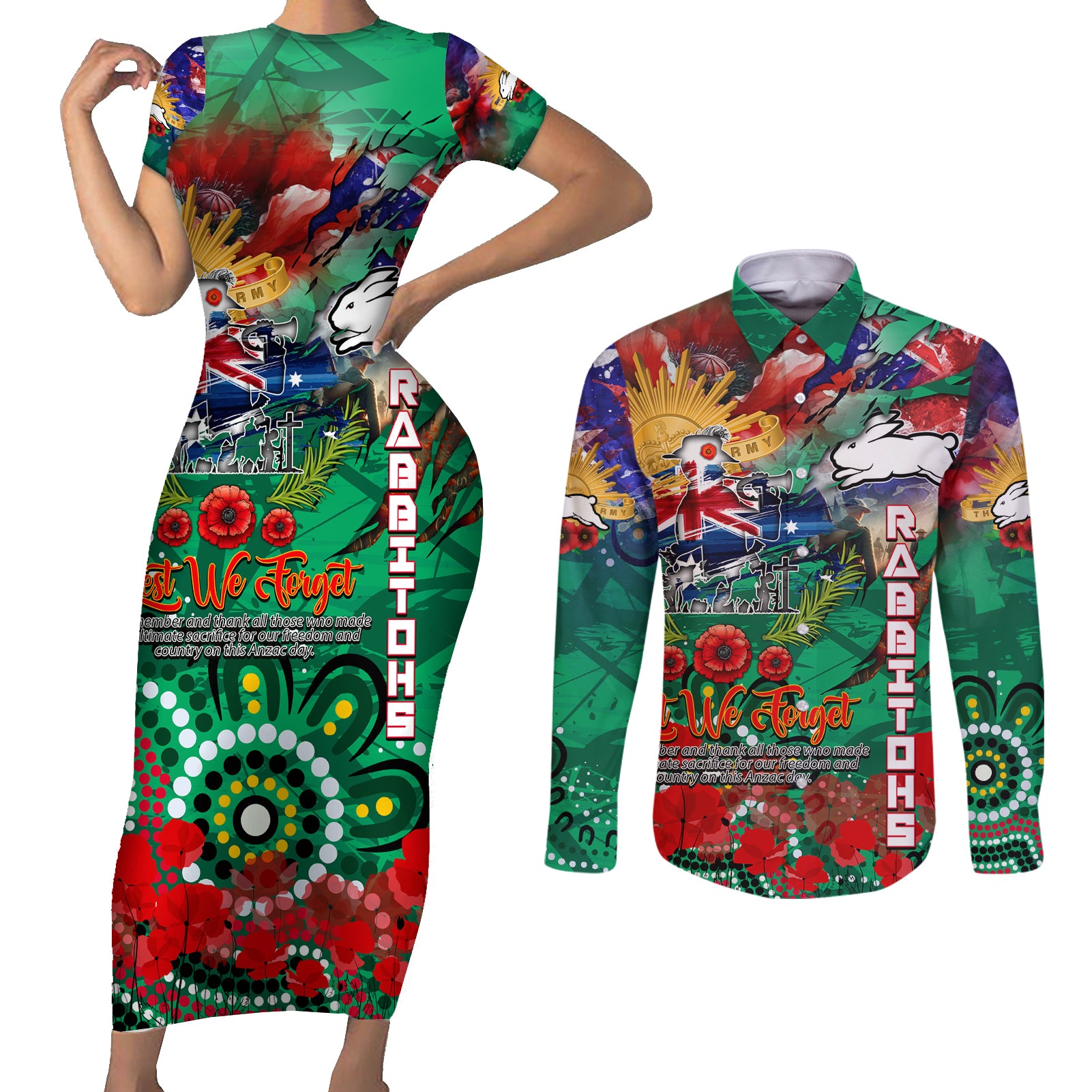 Personalised Australia Rugby Rabbitohs ANZAC Couples Matching Short Sleeve Bodycon Dress and Long Sleeve Button Shirt South Sydney Scratch Style