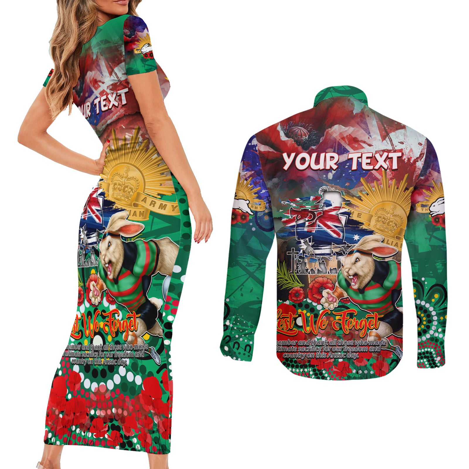 Personalised Australia Rugby Rabbitohs ANZAC Couples Matching Short Sleeve Bodycon Dress and Long Sleeve Button Shirt South Sydney Scratch Style
