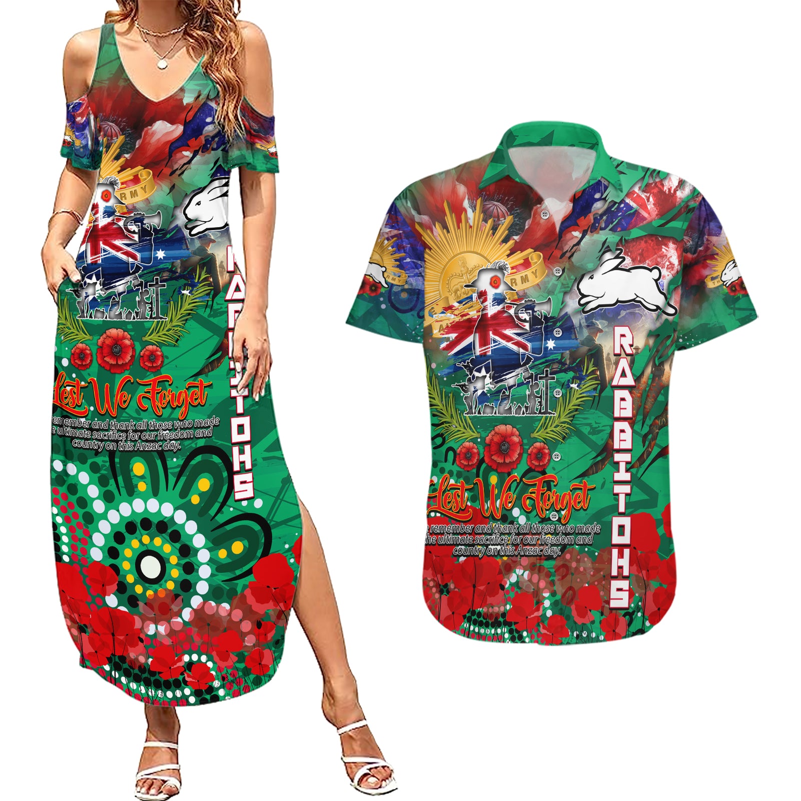 Personalised Australia Rugby Rabbitohs ANZAC Couples Matching Summer Maxi Dress and Hawaiian Shirt South Sydney Scratch Style