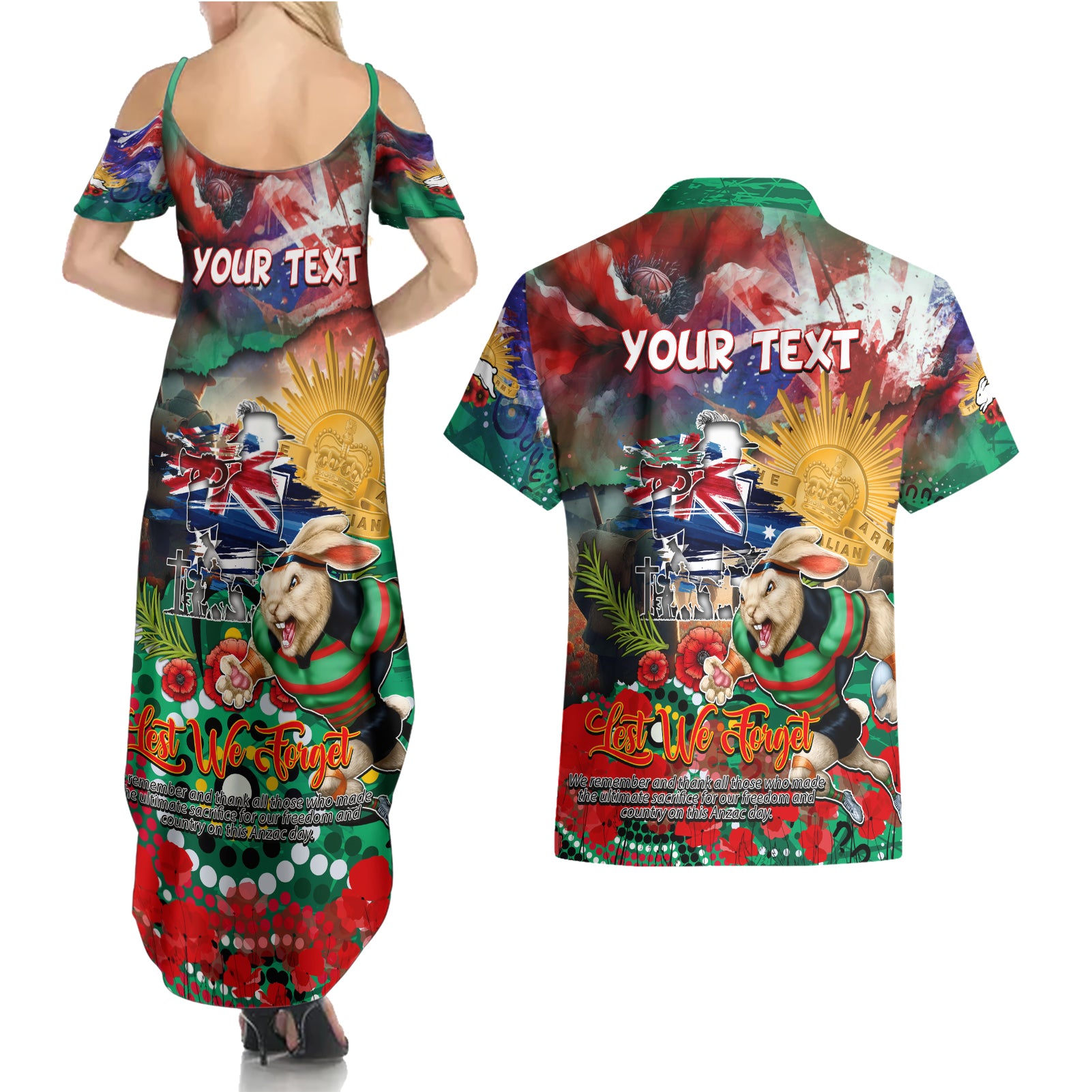 Personalised Australia Rugby Rabbitohs ANZAC Couples Matching Summer Maxi Dress and Hawaiian Shirt South Sydney Scratch Style