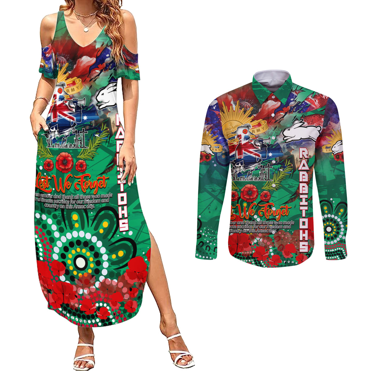 Personalised Australia Rugby Rabbitohs ANZAC Couples Matching Summer Maxi Dress and Long Sleeve Button Shirt South Sydney Scratch Style