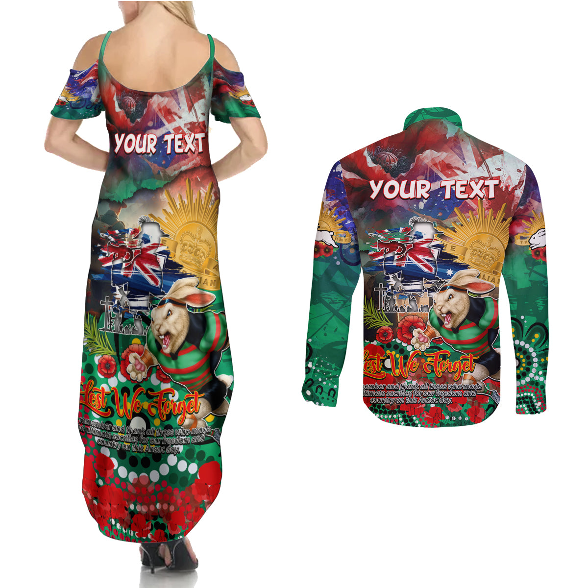 Personalised Australia Rugby Rabbitohs ANZAC Couples Matching Summer Maxi Dress and Long Sleeve Button Shirt South Sydney Scratch Style