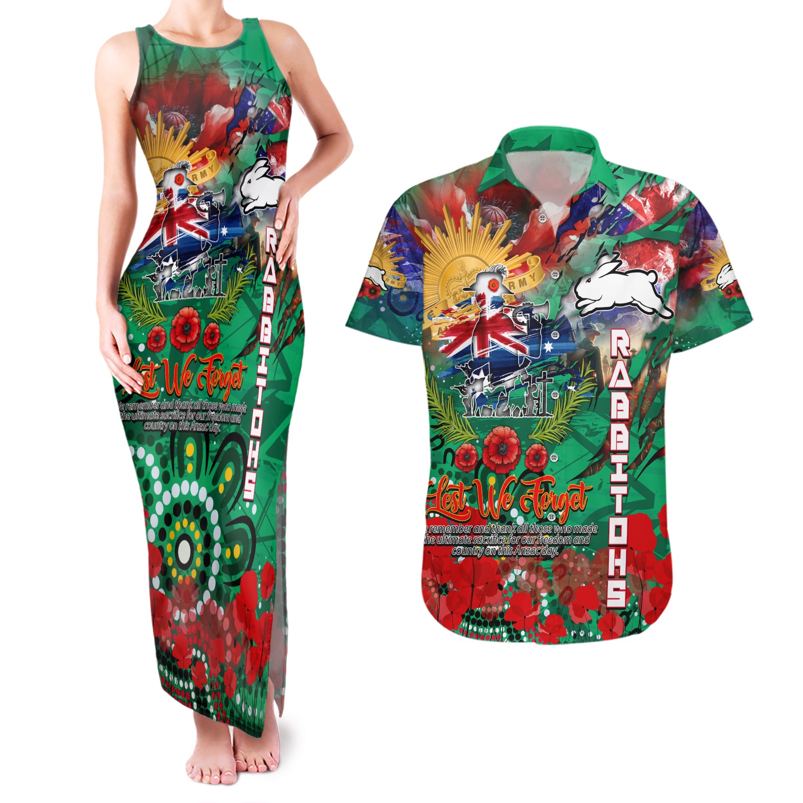 Personalised Australia Rugby Rabbitohs ANZAC Couples Matching Tank Maxi Dress and Hawaiian Shirt South Sydney Scratch Style