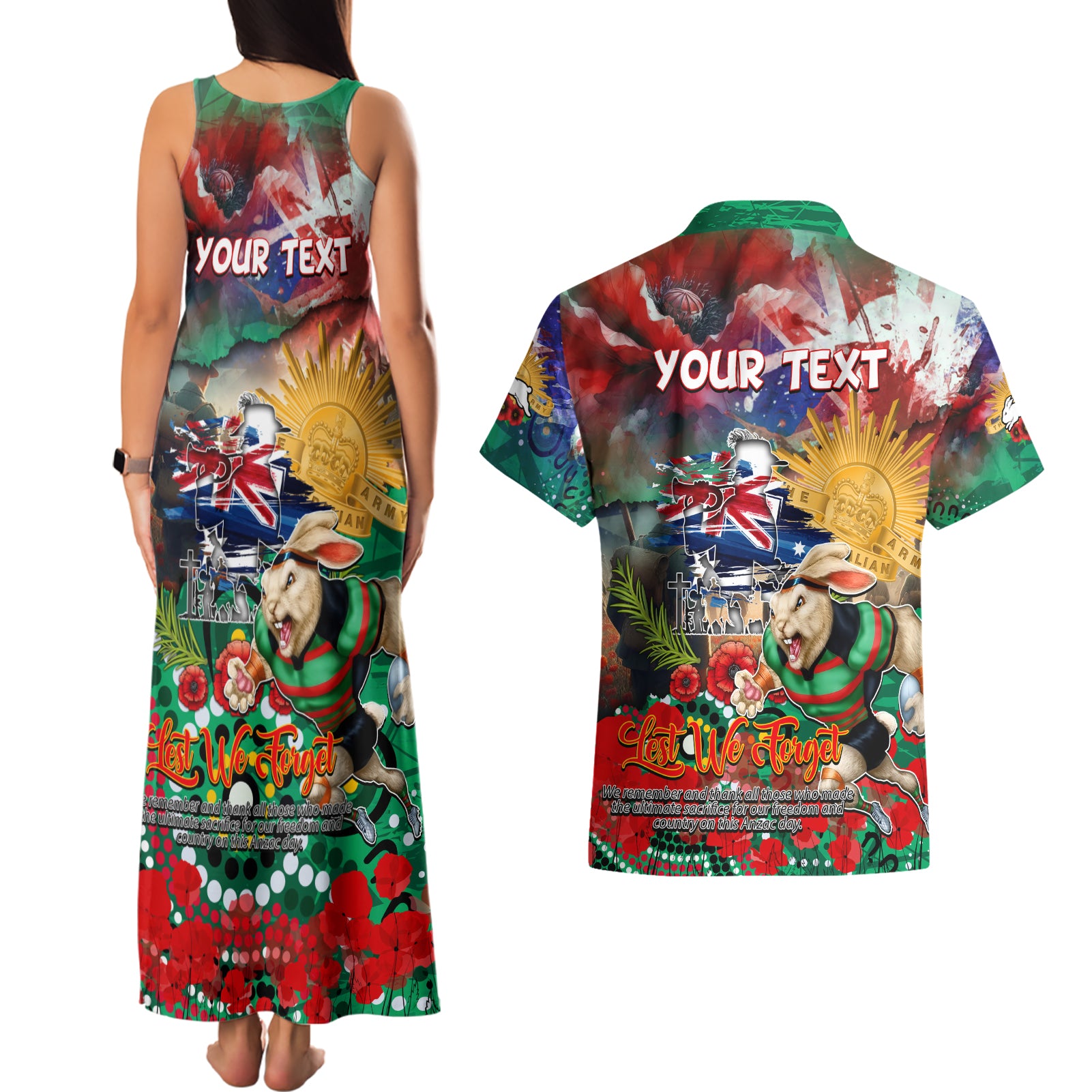 Personalised Australia Rugby Rabbitohs ANZAC Couples Matching Tank Maxi Dress and Hawaiian Shirt South Sydney Scratch Style