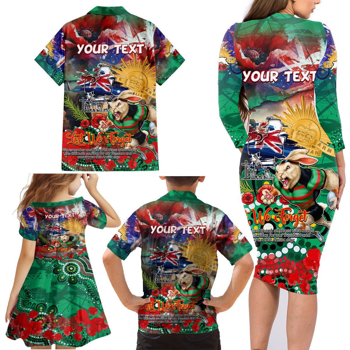 Personalised Australia Rugby Rabbitohs ANZAC Family Matching Long Sleeve Bodycon Dress and Hawaiian Shirt South Sydney Scratch Style