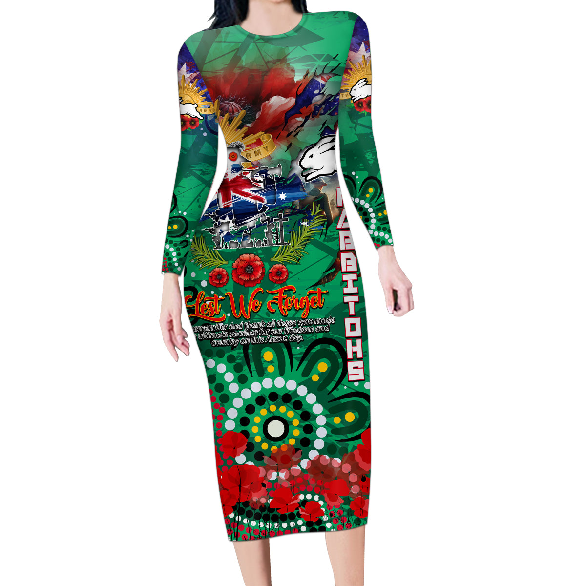 Personalised Australia Rugby Rabbitohs ANZAC Family Matching Long Sleeve Bodycon Dress and Hawaiian Shirt South Sydney Scratch Style