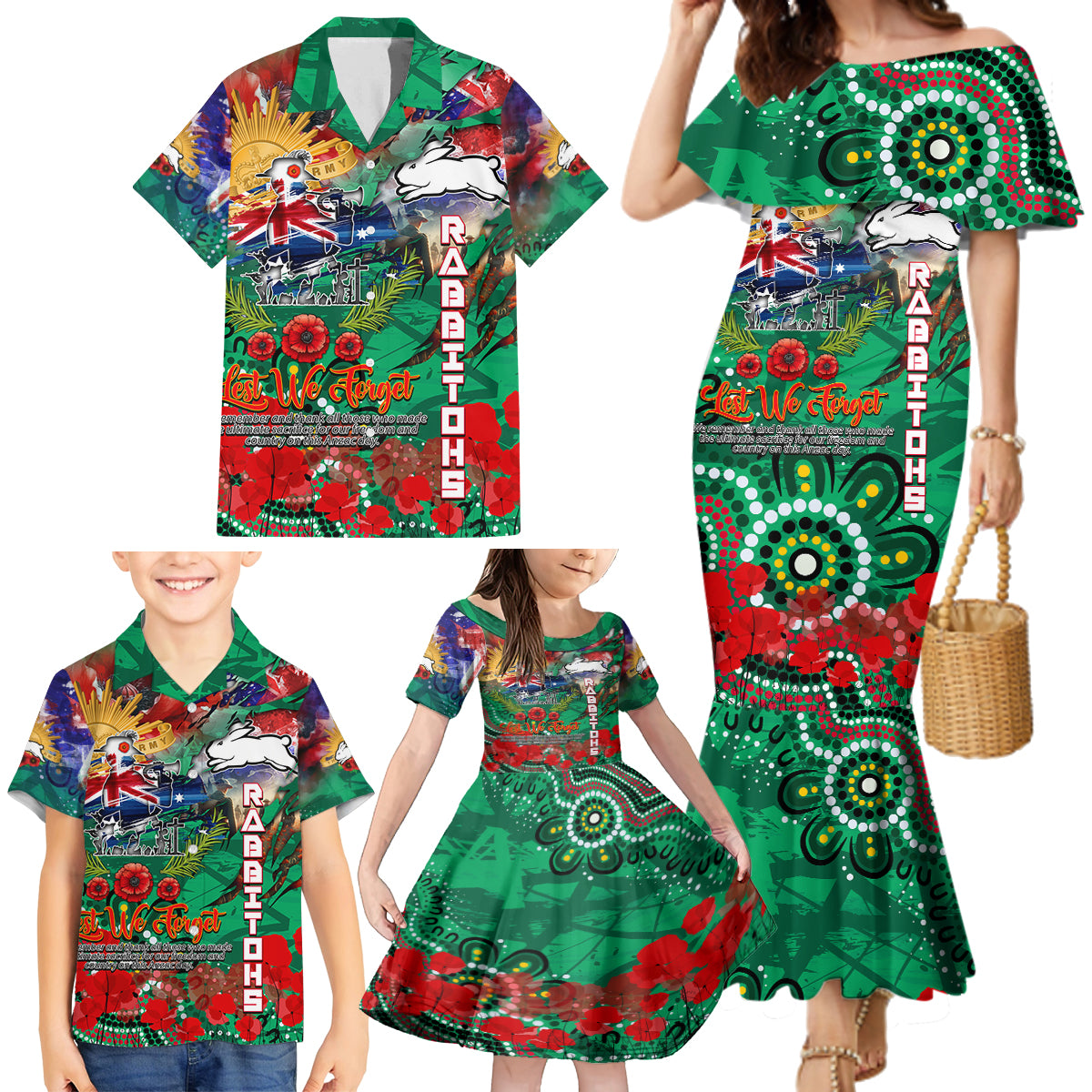 Personalised Australia Rugby Rabbitohs ANZAC Family Matching Mermaid Dress and Hawaiian Shirt South Sydney Scratch Style