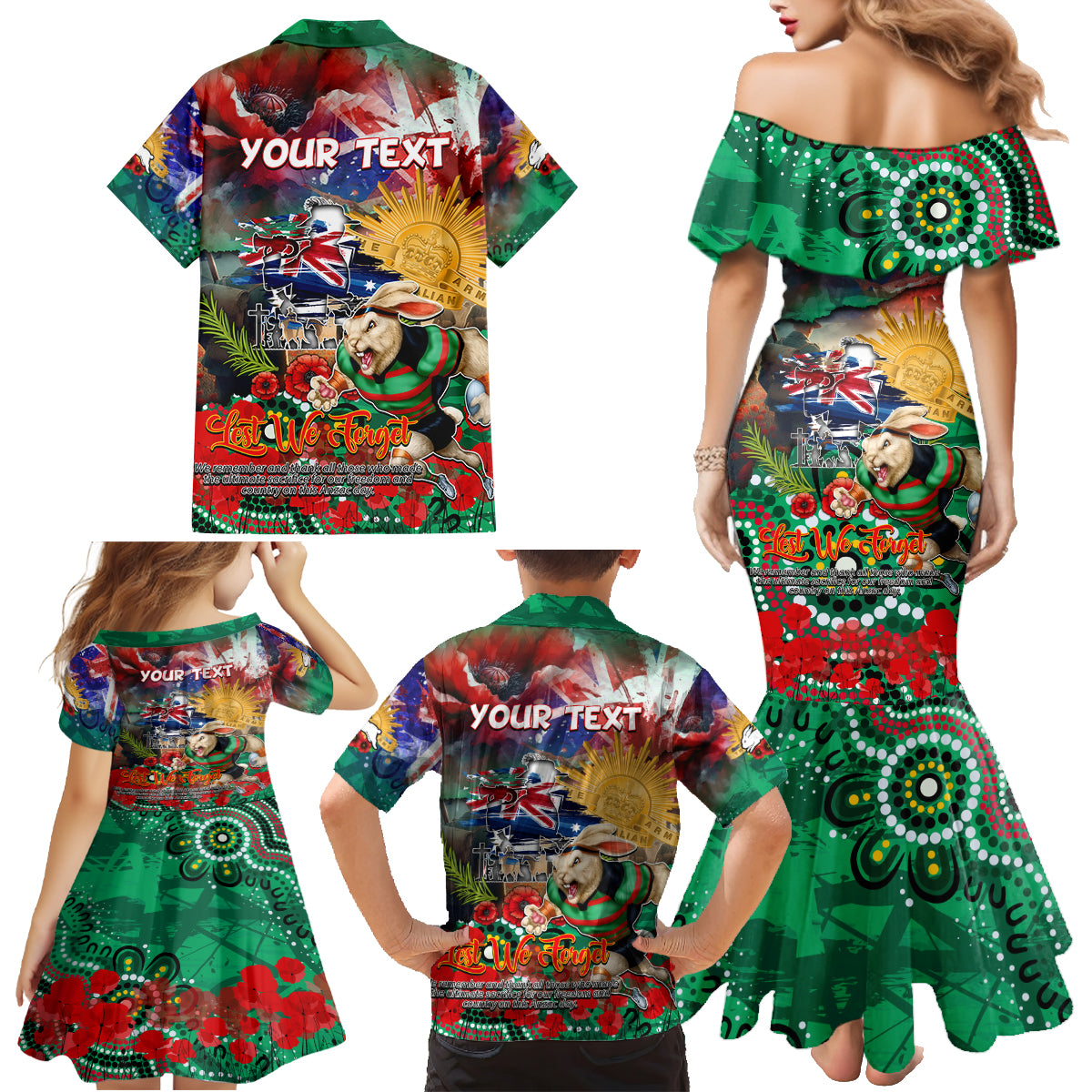Personalised Australia Rugby Rabbitohs ANZAC Family Matching Mermaid Dress and Hawaiian Shirt South Sydney Scratch Style