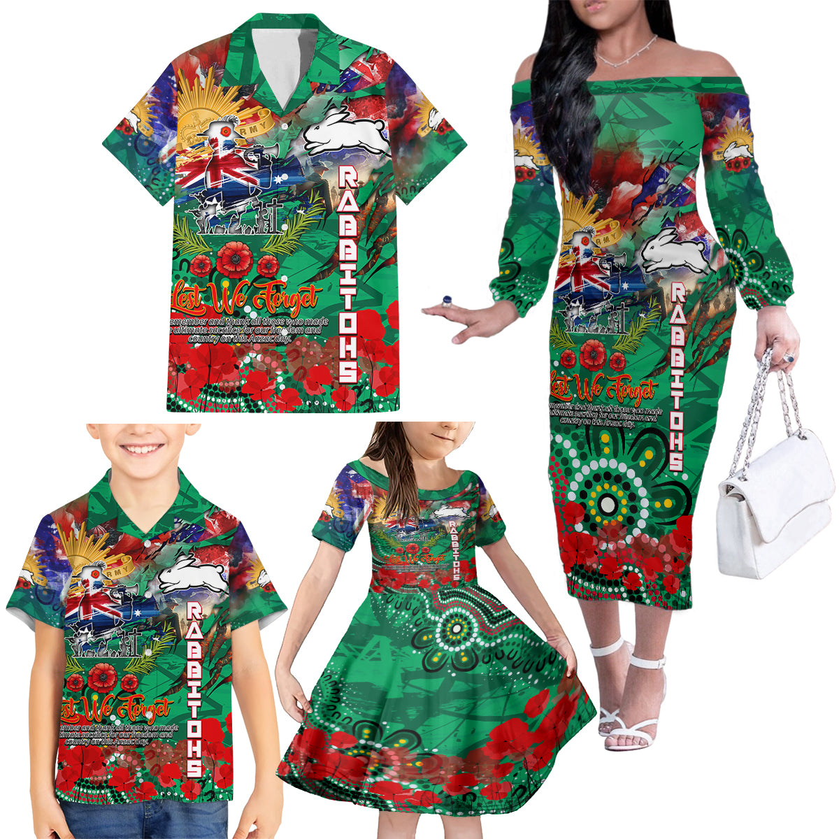 Personalised Australia Rugby Rabbitohs ANZAC Family Matching Off The Shoulder Long Sleeve Dress and Hawaiian Shirt South Sydney Scratch Style