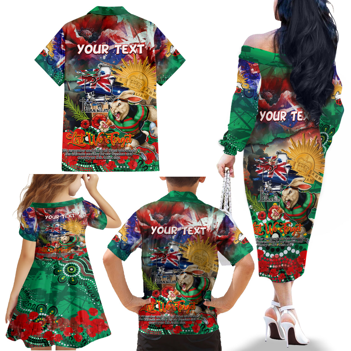 Personalised Australia Rugby Rabbitohs ANZAC Family Matching Off The Shoulder Long Sleeve Dress and Hawaiian Shirt South Sydney Scratch Style