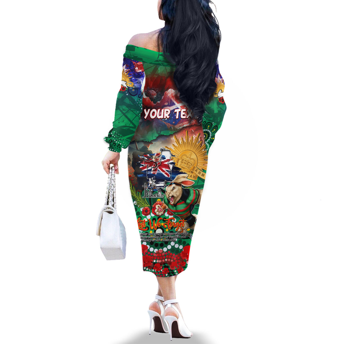 Personalised Australia Rugby Rabbitohs ANZAC Family Matching Off The Shoulder Long Sleeve Dress and Hawaiian Shirt South Sydney Scratch Style