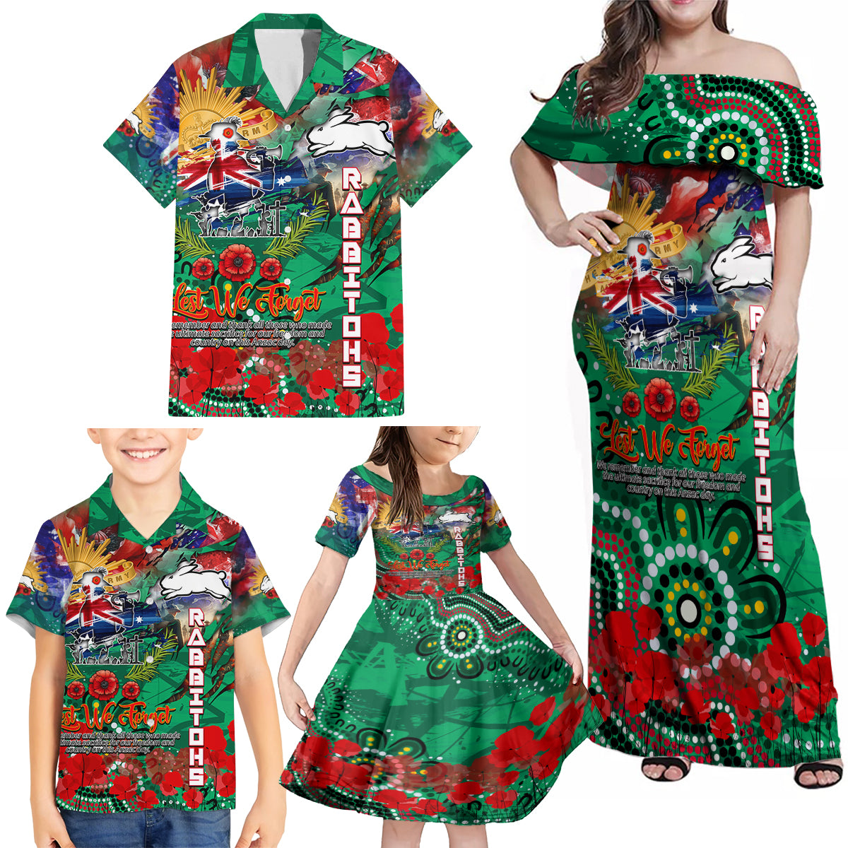 Personalised Australia Rugby Rabbitohs ANZAC Family Matching Off Shoulder Maxi Dress and Hawaiian Shirt South Sydney Scratch Style