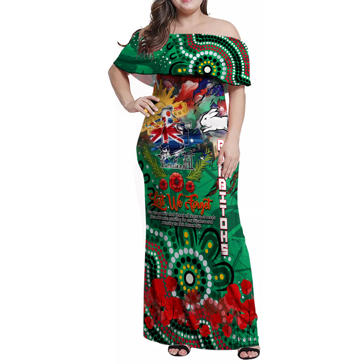 Personalised Australia Rugby Rabbitohs ANZAC Family Matching Off Shoulder Maxi Dress and Hawaiian Shirt South Sydney Scratch Style