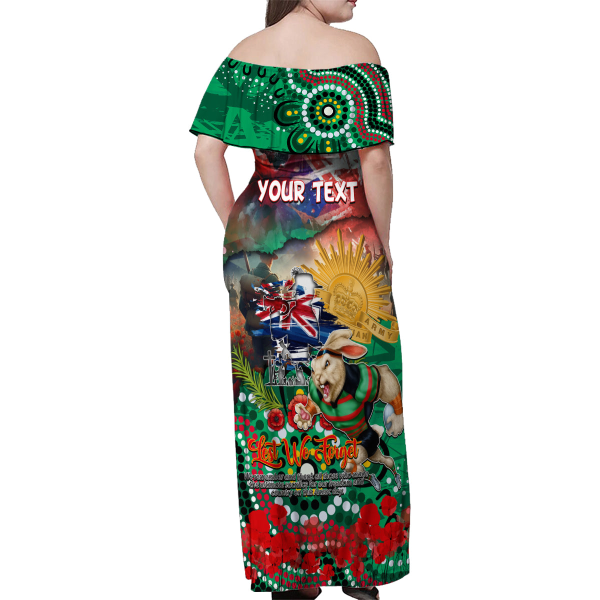 Personalised Australia Rugby Rabbitohs ANZAC Family Matching Off Shoulder Maxi Dress and Hawaiian Shirt South Sydney Scratch Style