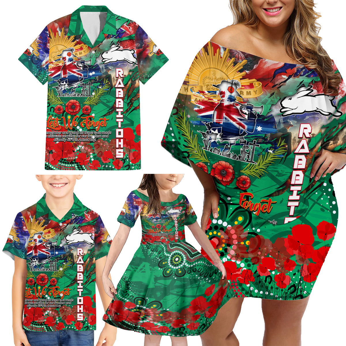 Personalised Australia Rugby Rabbitohs ANZAC Family Matching Off Shoulder Short Dress and Hawaiian Shirt South Sydney Scratch Style