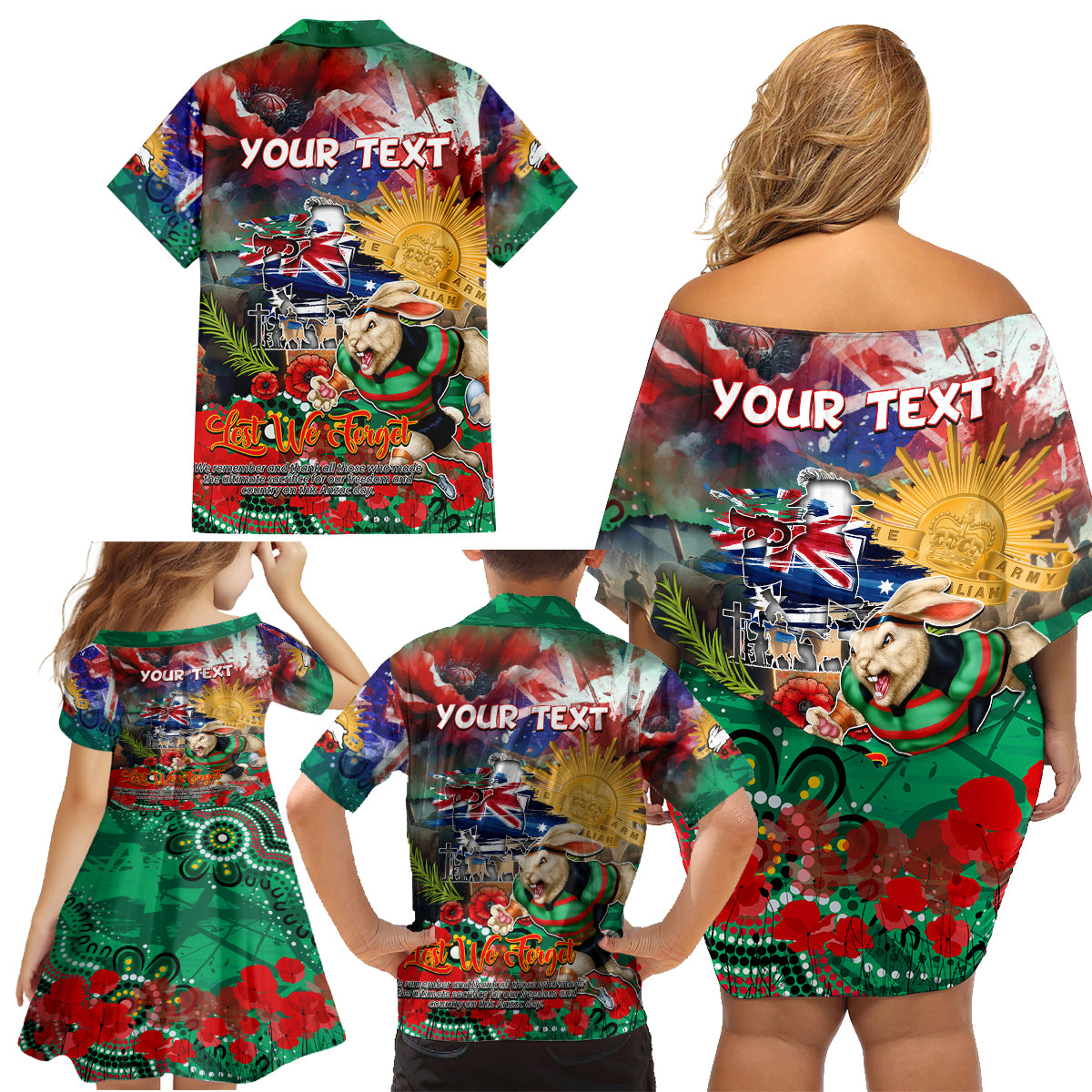 Personalised Australia Rugby Rabbitohs ANZAC Family Matching Off Shoulder Short Dress and Hawaiian Shirt South Sydney Scratch Style