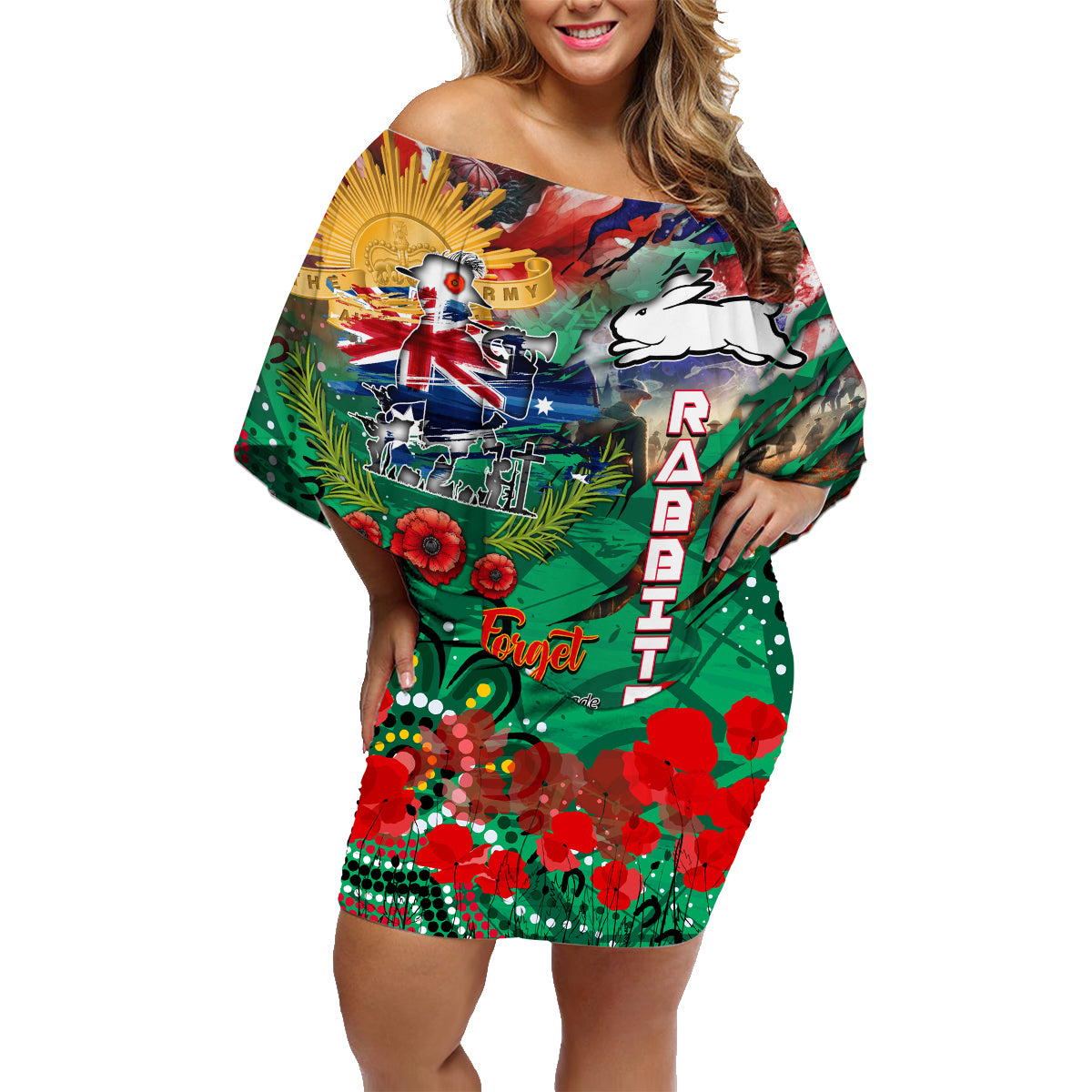 Personalised Australia Rugby Rabbitohs ANZAC Family Matching Off Shoulder Short Dress and Hawaiian Shirt South Sydney Scratch Style