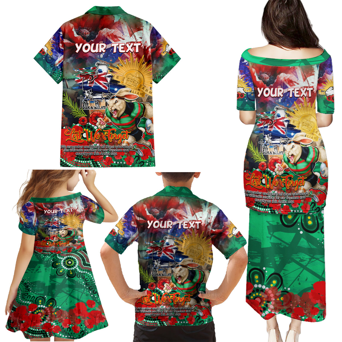 Personalised Australia Rugby Rabbitohs ANZAC Family Matching Puletasi and Hawaiian Shirt South Sydney Scratch Style